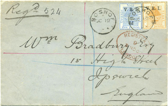 Registered to England from Boshof 12th October 1900 with stamps overprinted "V.R.I." and value.